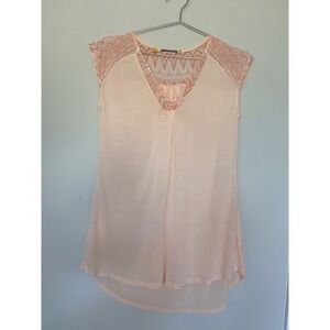 Little Yellow Button Peach Mixed Media‎ V-Neck Tunic Top XS Cap Sleeve Boho